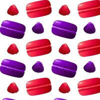 desatado padronizar roxa e vermelho macarons com Amora silvestre, framboesas. altamente detalhado sobremesa, macaroon, doces, cardápio projeto, restaurantes fazer compras. gradiente macarons. vetor ilustração