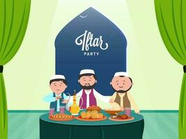 personagem do muçulmano homens desfrutando iftar delicioso Comida com texto iftar Festa. vetor