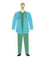 médico masculino usando máscara médica e jaleco azul com estetoscópio vetor