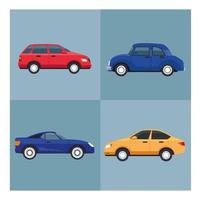 quatro carros, veículos, cores, ícones isolados vetor