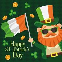 Cartaz de letras feliz dia de São Patrício com duende acenando uma bandeira da Irlanda vetor