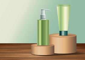 dois frascos de cuidados com a pele verdes e produtos em tubo em estágios dourados vetor