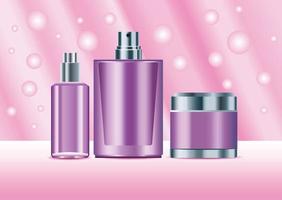 três frascos de cuidados com a pele produtos cor roxa definir ícones vetor