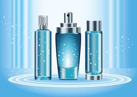 três frascos de produtos para a pele, cor azul, conjunto de ícones vetor