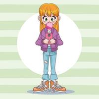 linda garota adolescente usando smartphone com personagem de anime chiclete vetor