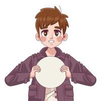 jovem adolescente menino personagem de anime em quadrinhos com banner circular vetor