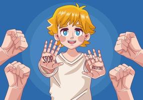 adolescente loiro menino em quadrinhos personagem de anime com as mãos parando vetor
