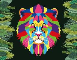 Lion Wild Life Technicolor com moldura de folhas vetor