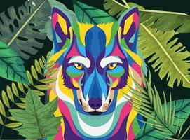 wolf wild life technicolor com ícone de planta de folhas vetor