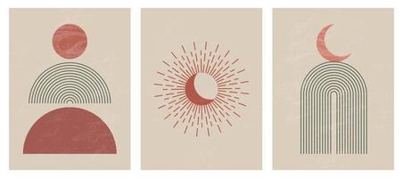 conjunto de impressão de arte minimalista moderna de meados do século com forma orgânica natural abstrata fundo estético contemporâneo com fases geométricas da lua linhas do sol tom terra decoração da parede boho vetor