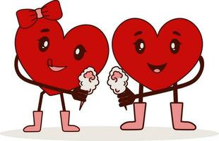 adorável coração casal desfrutando gelo cremes ícone dentro vermelho e Castanho cor. vetor
