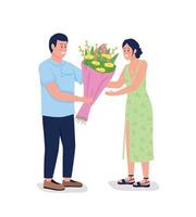 homem caucasiano dando flores para mulher feliz personagens de vetor de cores planas