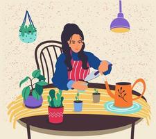 uma garota feliz cuida de vasos de plantas. uma jovem mulher cultiva plantas de interior em casa. a personagem feminina gosta de seu hobby de jardinagem doméstica. uma jardineira planta flores e cuida de plantas. vetor