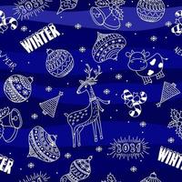 sem costura doodle desenhado à mão bola de natal veado vaca e flocos de neve padrão em fundo azul vetor