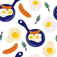 padrão sem emenda com ovos mexidos vetor de manhã café da manhã padrão sem emenda com frigideira com ovos, salsicha e folhas de alface omelete ovos mexidos café da manhã comida ilustração dos desenhos animados