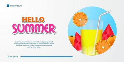 Olá, banner de verão com bebida de suco tropical de frutas com ilustração de laranja e melancia com fundo branco vetor