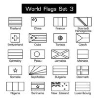 Bandeiras mundiais definidas 3 estilo simples e contorno grosso de design plano vetor