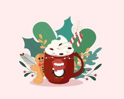 Natal caneca vermelha e folhas de azevinho bagas moderno apartamento minimalista xícara de inverno café e chá vetor