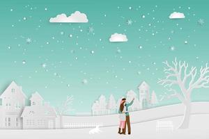 conceito de amor na temporada de inverno casal em pé na neve com paisagem rural urbana ilustração vetorial para dia dos namorados feliz ano novo ou feliz natal vetor