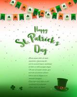 Projeto de plano de fundo do Dia de São Patrício com letras de confete e bandeirolas em cores irlandesas para pôster ou banner de cartão de convite vetor