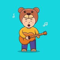 menino bonito tocando guitarra e cantando pessoas ícone da música conceito isolado vetor premium estilo cartoon plana