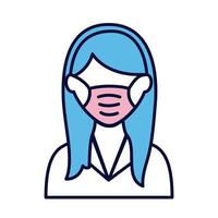 mulher usando linha de máscara médica e ícone de estilo de preenchimento vetor