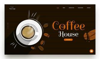 café casa aterrissagem página Projeto com topo Visão do café copo e feijões em Sombrio fundo. vetor