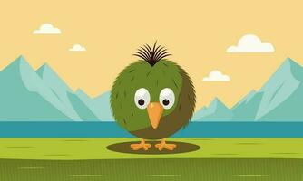 fofa confuso pássaro personagem sentado em verde panorama contra montanhas. vetor