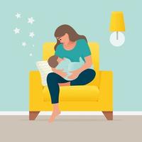 mãe amamentando bebê sentado em uma poltrona em casa vetor