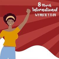 Dia da Mulher 8 de março - celebração internacional mulher feliz mão levantada em estilo cartoon vetor