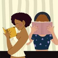 mulheres divertidas lendo livros retrato vetor