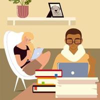 mulher e homem trabalhando em um laptop na sala com livros trabalham em casa vetor