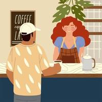 personagens de desenhos animados femininos de baristas e clientes de cafés vetor