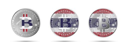 três moedas criptográficas bitcoin com a bandeira da Tailândia Dinheiro do futuro ilustração vetorial de criptomoeda moderna vetor