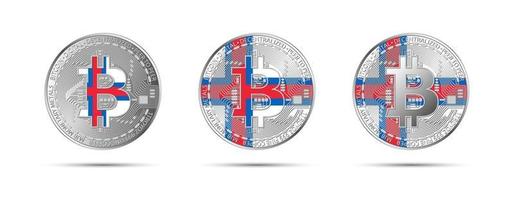 três moedas criptográficas bitcoin com a bandeira das ilhas faroe dinheiro do futuro ilustração vetorial de criptomoeda moderna vetor