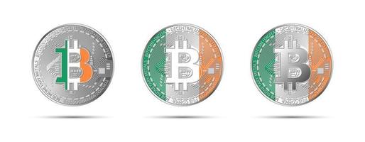 três moedas criptográficas bitcoin com a bandeira da Irlanda dinheiro do futuro ilustração vetorial de criptomoeda moderna vetor