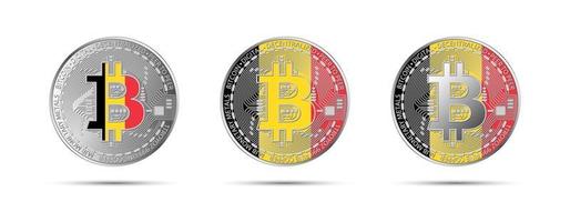 três moedas criptográficas bitcoin com a bandeira da Bélgica Dinheiro do futuro ilustração vetorial de criptomoeda moderna vetor
