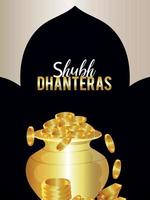 panfleto do festival indiano shubh dhanteras com pote de moedas de ouro vetor