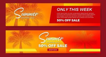 promoção de banner de oferta de venda de verão com luz do sol do sol com layout de palma com fundo quente vetor