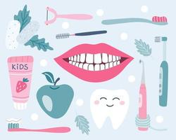 um conjunto de cuidados dentários, higiene oral, massa de goma de mascar, neve, branca, sorriso, maçã, vetorial, imagem em estilo simples vetor