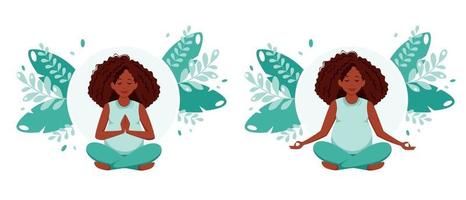 grávida afro-americana meditando na pose de lótus, conceito de saúde na gravidez vetor