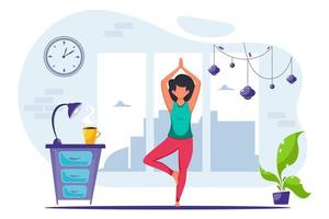mulher fazendo ioga em casa em um interior moderno aconchegante estilo de vida saudável ioga meditação vetor