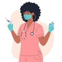 enfermeira com máscara médica e luvas com vacina vetor
