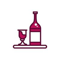 garrafa de vinho e copo de vidro em bandeja celebração bebida bebida ícone linha e preenchido vetor