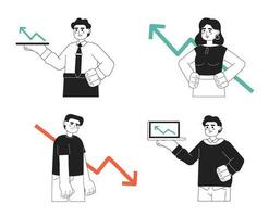 jovem perspectiva monocromático plano vetor personagens pacote. editável fino linha corpo investindo personagens com diagramas progresso em branco. simples bw desenho animado local imagens conjunto para rede gráfico Projeto