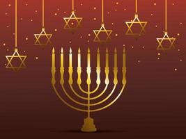cartão de celebração feliz hanukkah com candelabro dourado e estrelas penduradas