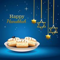 cartão de celebração feliz hanukkah com comida e estrelas penduradas vetor