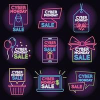 luz de néon de venda de segunda-feira cibernética com ícones definidos vetor