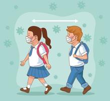 Preventivo ambicioso na cena escolar com pequenos casal de alunos caminhando à distância social vetor