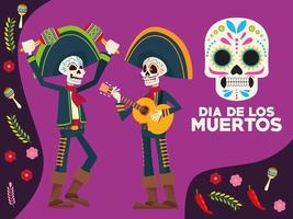 cartão de letras comemorativo dia de los muertos com esqueletos mariachis e flores vetor
